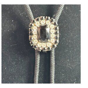 Vintage Womens Mens Black Bolo Tie Ornate Silver Tone Rhinestone Pendant Classy